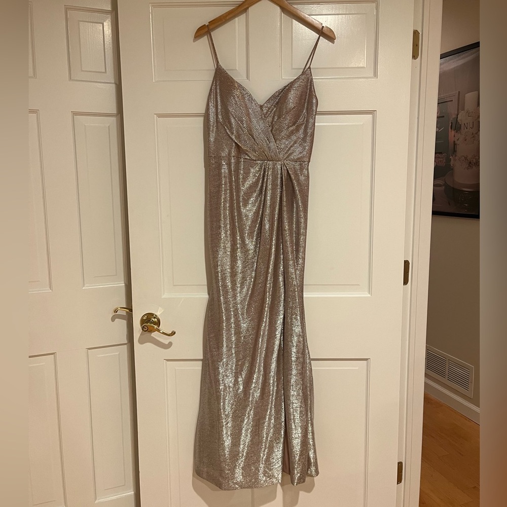 HAYLEY PAIGE occasions gown in liquid metallic rose silver